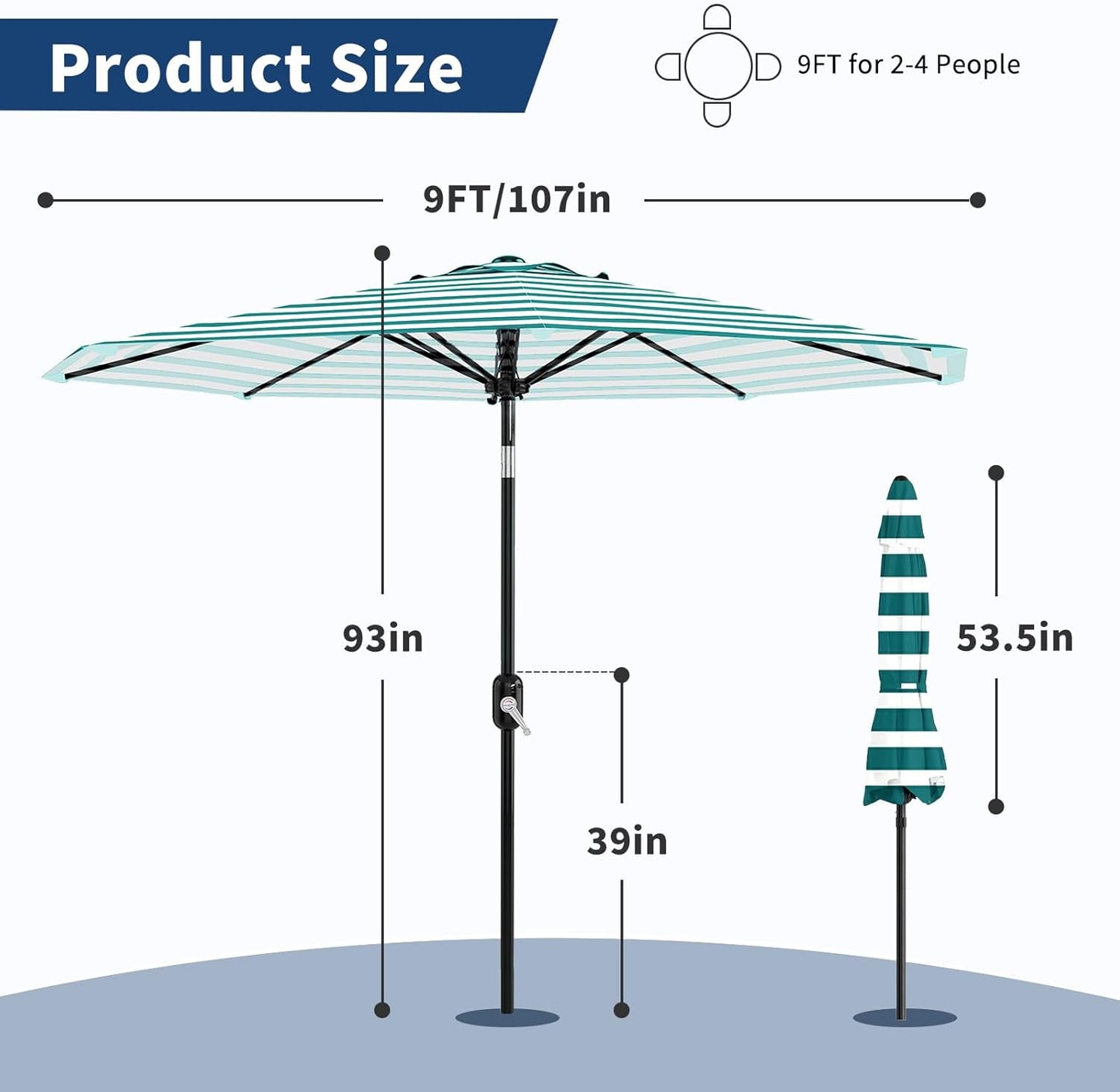 Garvee 9 ft Patio Table Umbrella, 8 Ribs, Crank Lift & Push Button Tilt
