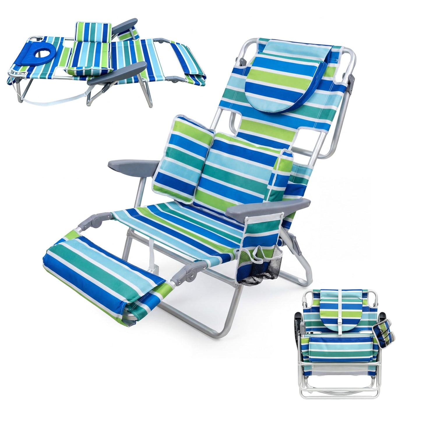 Garvee Folding Beach Reclining Lounge Chair with Footrest, Face Hole,Storage Pocket,Headrest