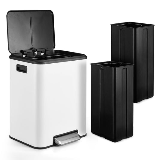 Goldensoil 7.93 Gallon Hands-Free Trash Can, Dual Compartment, with Soft-Close Lid, 2 Inner Buckets, White