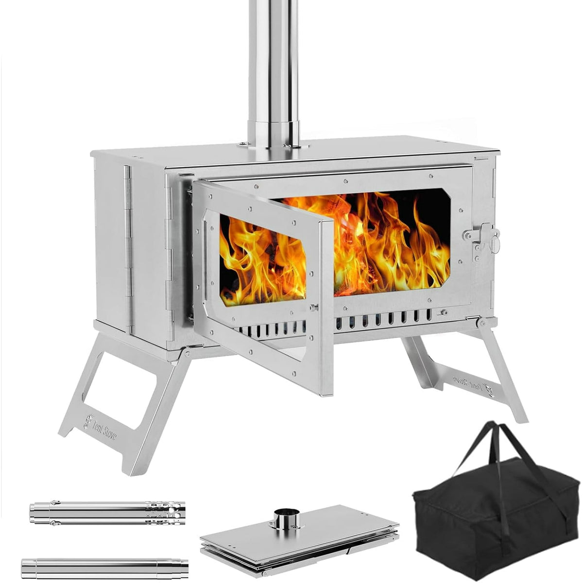 Garvee Hot Tent Stove With View Glass, Wood Burning Stove for Camping, 5 Chimney Pipes, Silver
