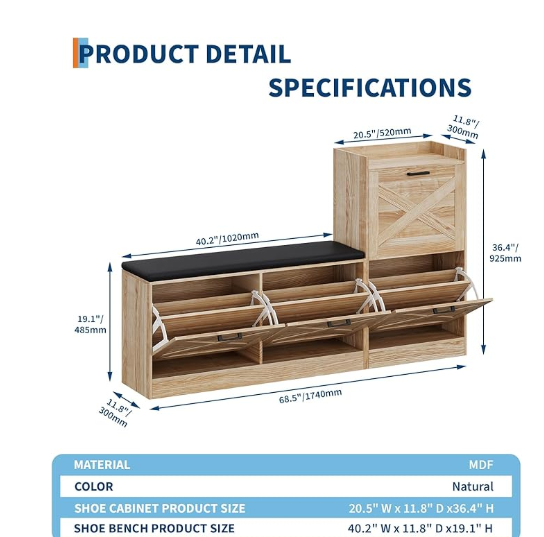 Garvee Shoe Storage Bench, 68.5 x 11.8 x 36.4", with 4 Flip Drawers & Padded Seat Cushion, Oak