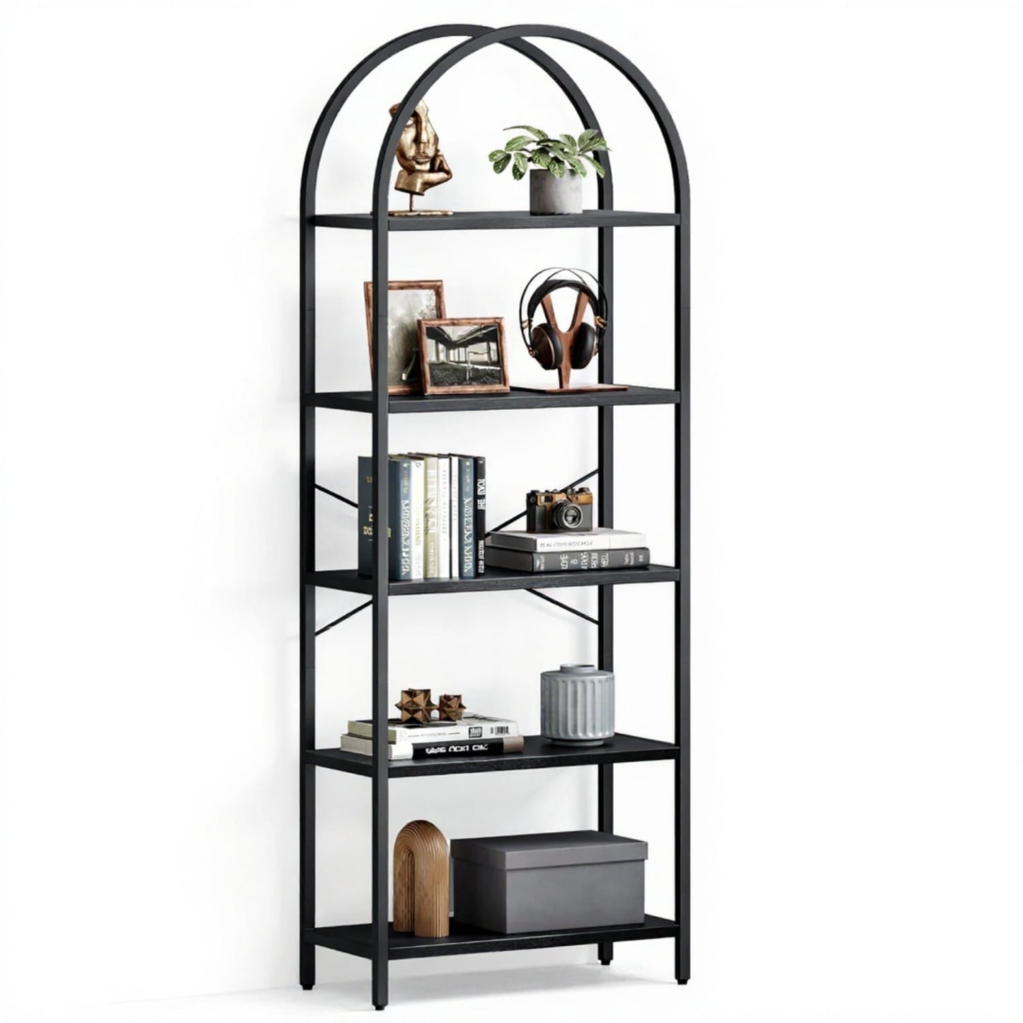 Goldensoil 5 Tier Bookcase, Arched Display Rack, Metal Frame, Modern Storage Rack Shelf, Black