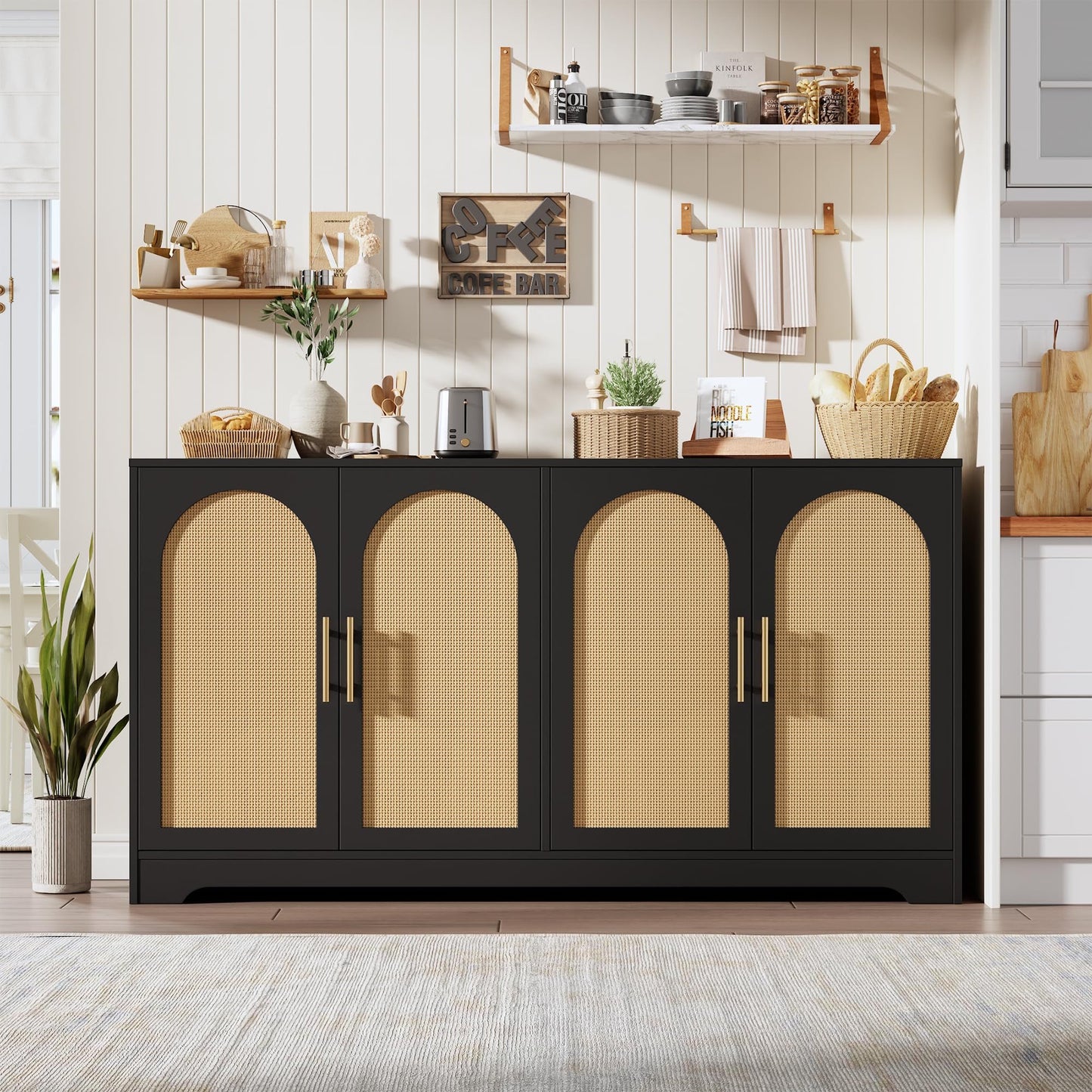 Goldensoil Storage Console Table,Sideboard Buffet Cabinet with 4 Rattan Doors, 59"x15.6"x31.5"