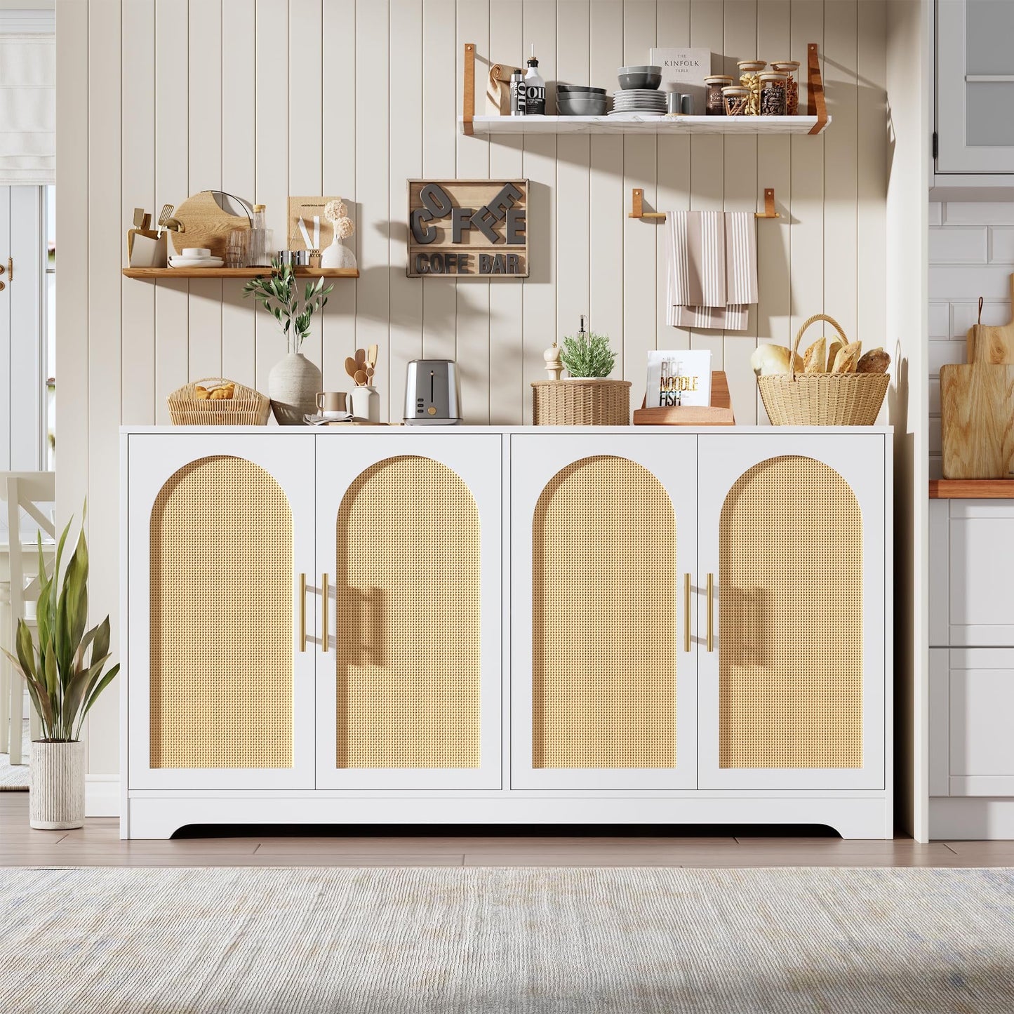 Goldensoil Storage Console Table,Sideboard Buffet Cabinet with 4 Rattan Doors, 59"x15.6"x31.5"