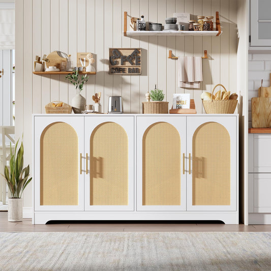 Goldensoil Storage Console Table,Sideboard Buffet Cabinet with 4 Rattan Doors, 59"x15.6"x31.5"