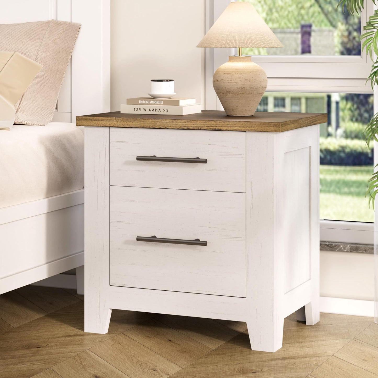 Garvee Nightstand with 2 Drawers, Farmhouse Night Stand with Brown Tabletop, 23" x 15.6"x 23", White