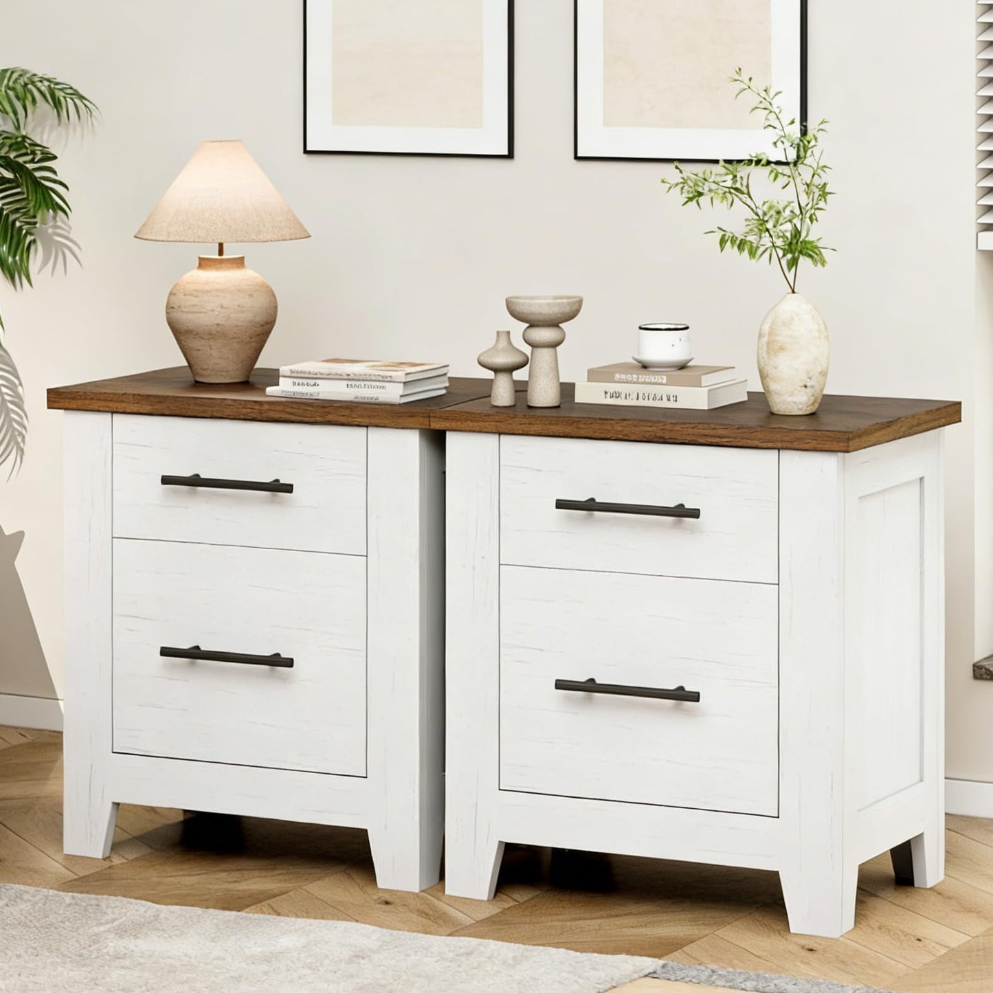Garvee Nightstand with 2 Drawers, Farmhouse Night Stand with Brown Tabletop, 23" x 15.6"x 23", White