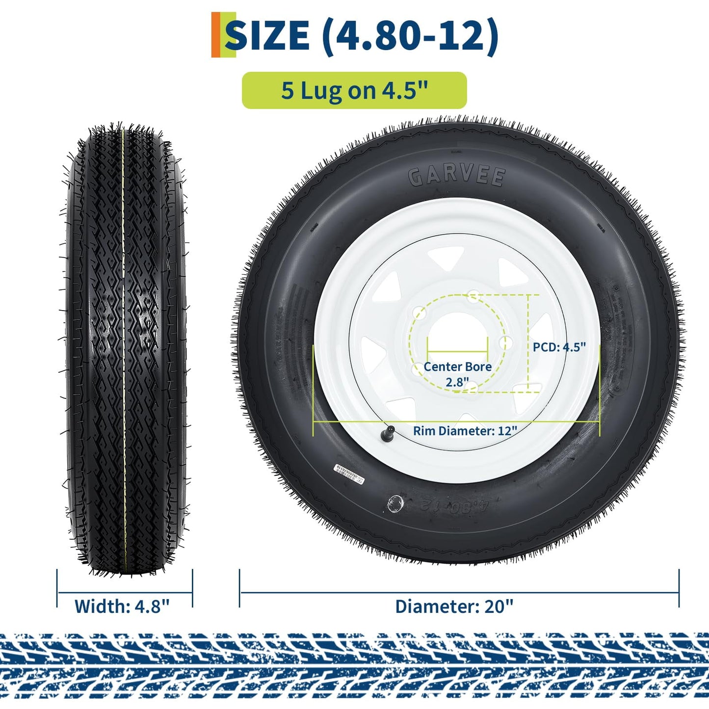 Garvee 2 Pack 4.80-12 Railer Tire and Wheel Assembly, Load Range C 6PR, 5 Lug White Spoke Wheel