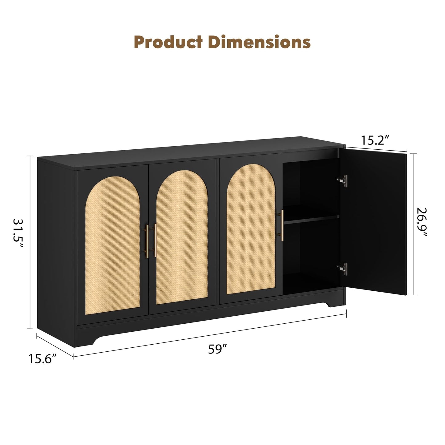 Goldensoil Storage Console Table,Sideboard Buffet Cabinet with 4 Rattan Doors, 59"x15.6"x31.5"