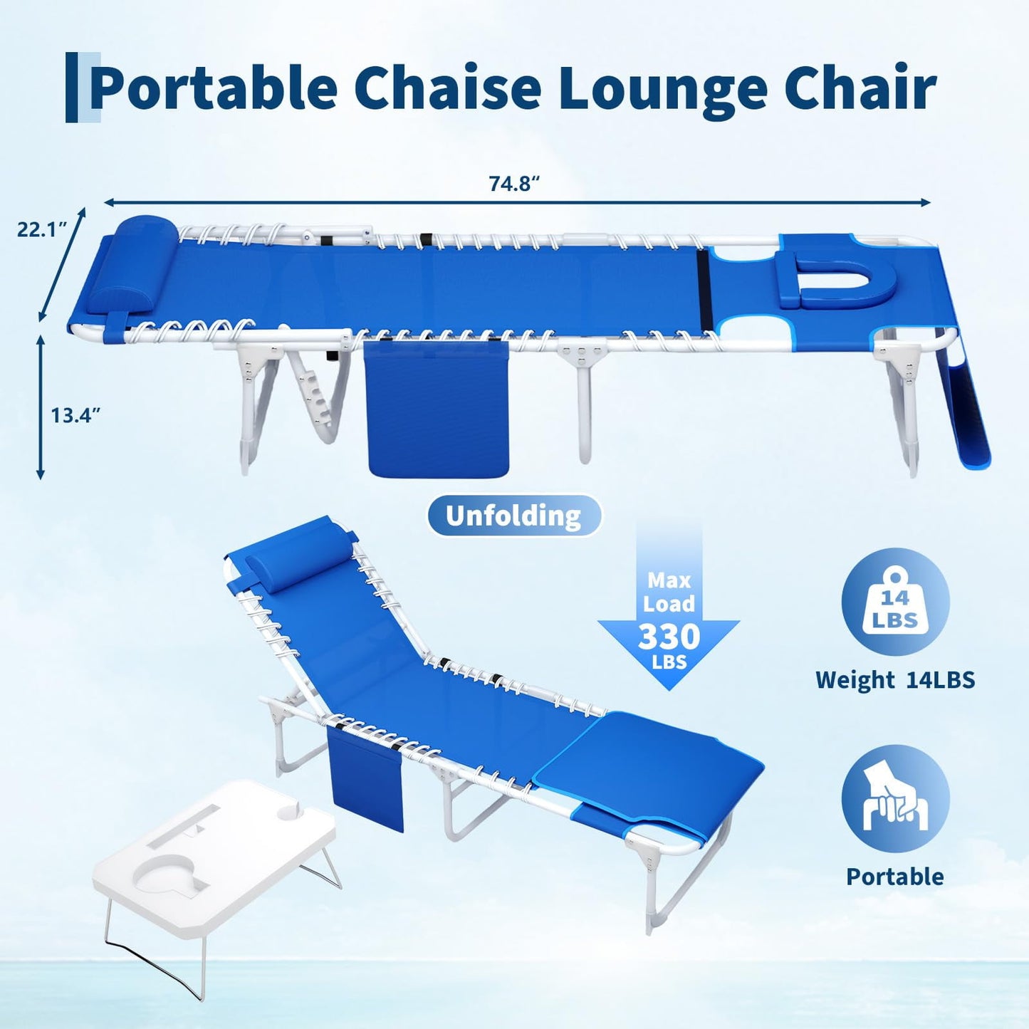 Garvee Sun Tanning Chair, Folding Chaise Lounge Chairs with Table