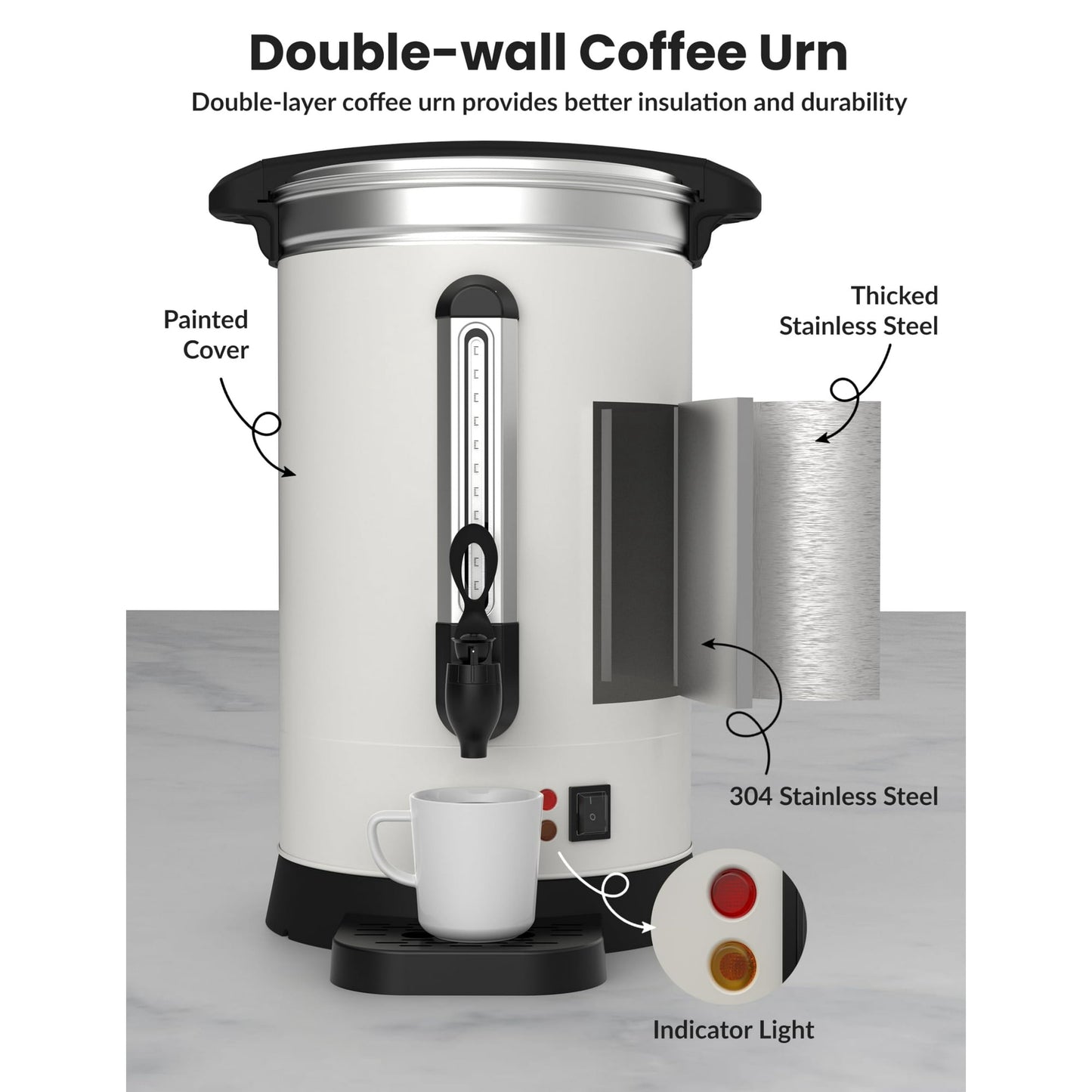 Garvee 100-Cup Commercial Coffee Urn, Hot Water Dispenser, 14L /3.8 Gal, White