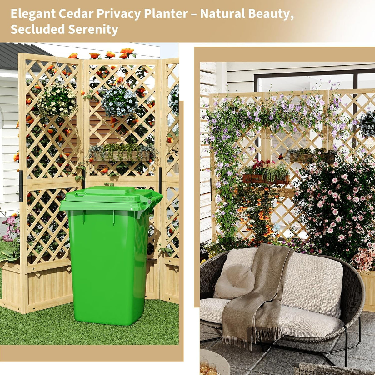 Riedhoff Outdoor Planter Boxes with 3 Privacy Screen, 62 x 10.39 x 65", Drain Holes, Oak