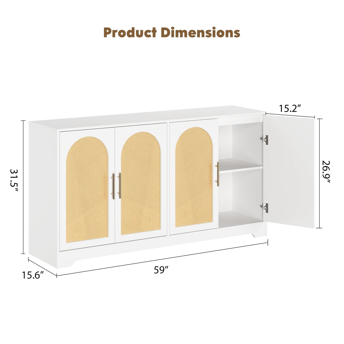 Goldensoil Storage Console Table,Sideboard Buffet Cabinet with 4 Rattan Doors, 59"x15.6"x31.5"