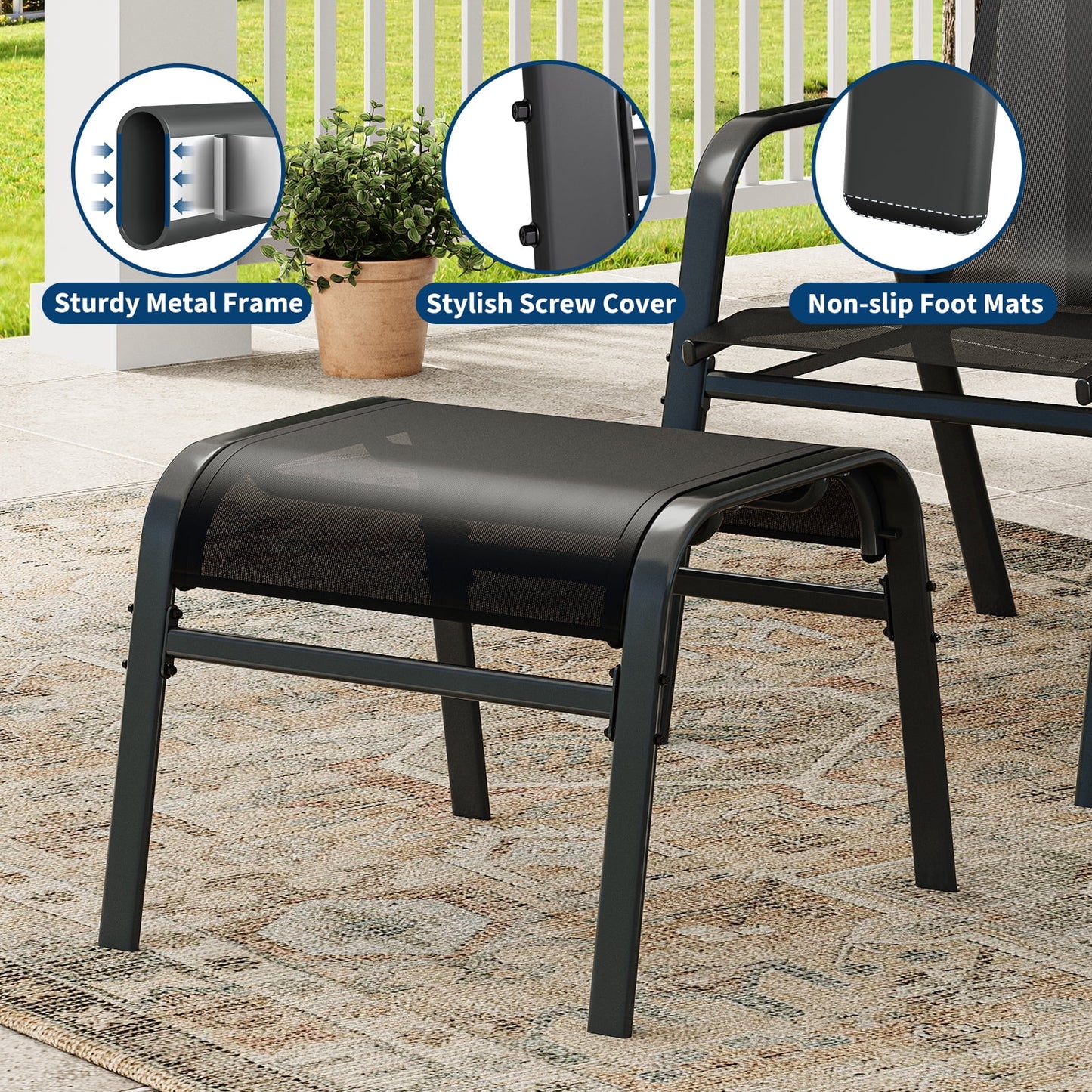 Garvee Stackable Outdoor Ottomans Set of 2,All-Weather Textilene Foot Stool with Metal Frame