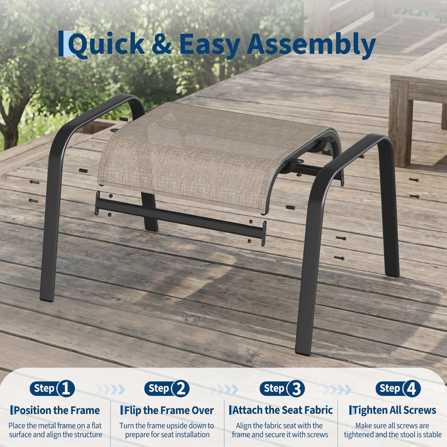 Garvee Stackable Outdoor Ottomans Set of 2,All-Weather Textilene Foot Stool with Metal Frame