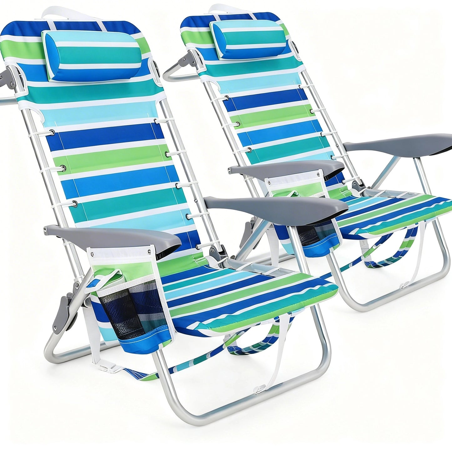 Riedhoff Folding Beach Chair 27 x 24 x 30", with Backpack Straps, Set of 2, Ocean Striped, Drawstring Style