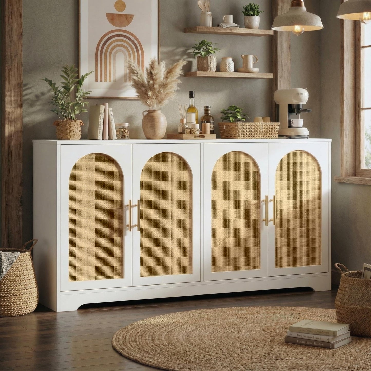 Goldensoil Storage Console Table,Sideboard Buffet Cabinet with 4 Rattan Doors, 59"x15.6"x31.5"