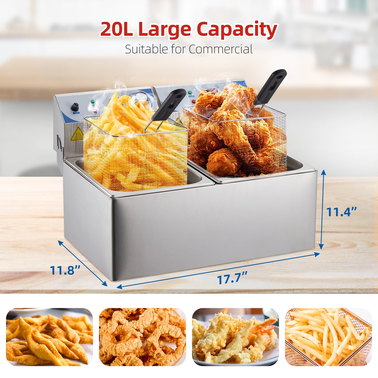 Garvee 2800W Commercial Electric Deep Fryers, 20 L, 2-Baskets, Silver