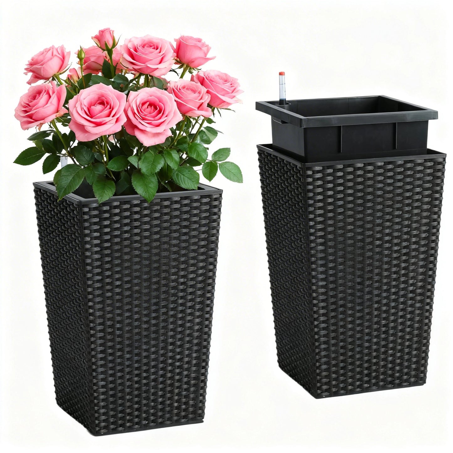 Garvee 15.6" Tall Planter Pots Set of 2, Rattan style, Tray & Water Level Monitor