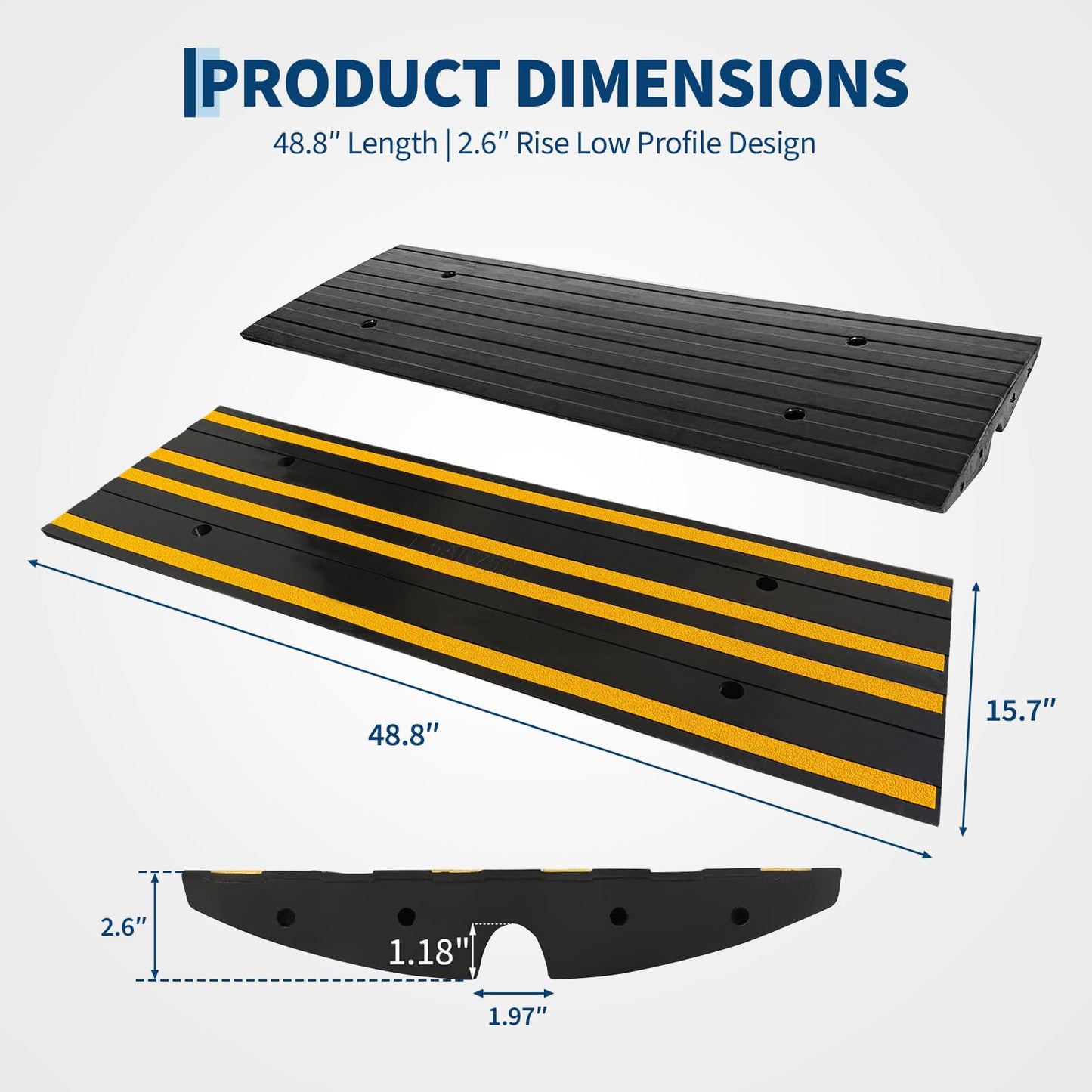 Garvee 48" Heavy Duty Rubber Curb Ramp, Low Profile Threshold Ramp, 2.6 inch Rise, Black