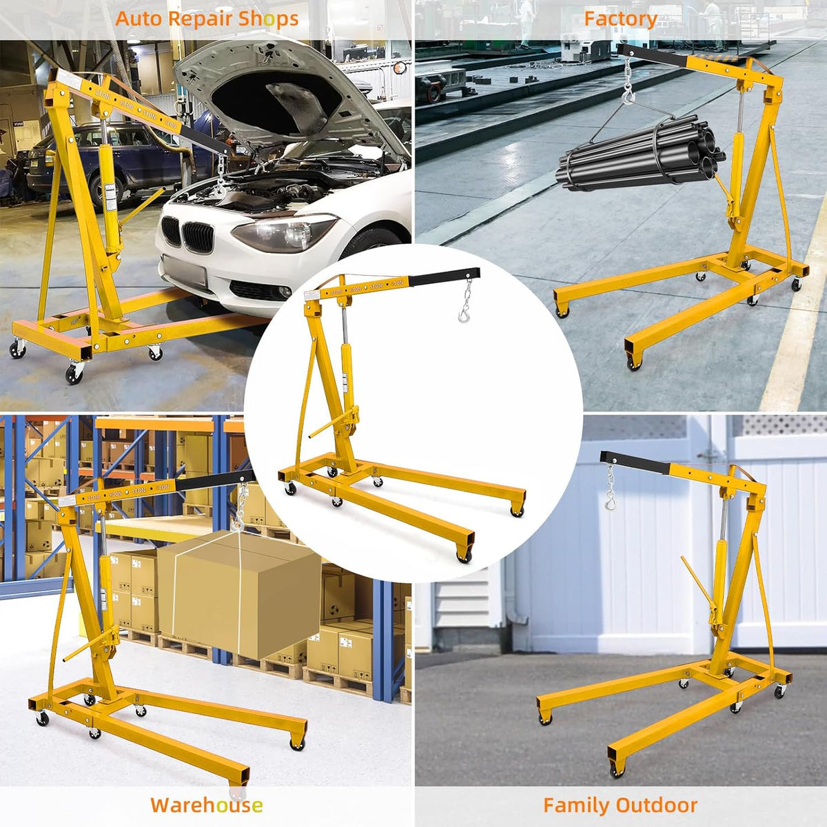 Riedhoff Steel Hydraulic Engine Hoist, 2 Ton Max, Cherry Picker, 4400 lbs, No Lever, Yellow
