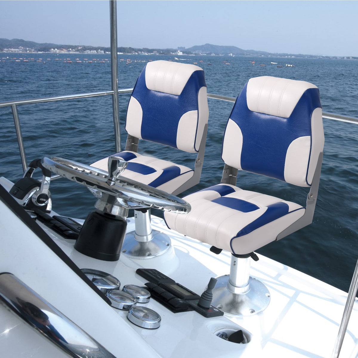 Garvee Low Back Folding Boat Seats, Marine Captain Chairs, 2 Count, Blue & White