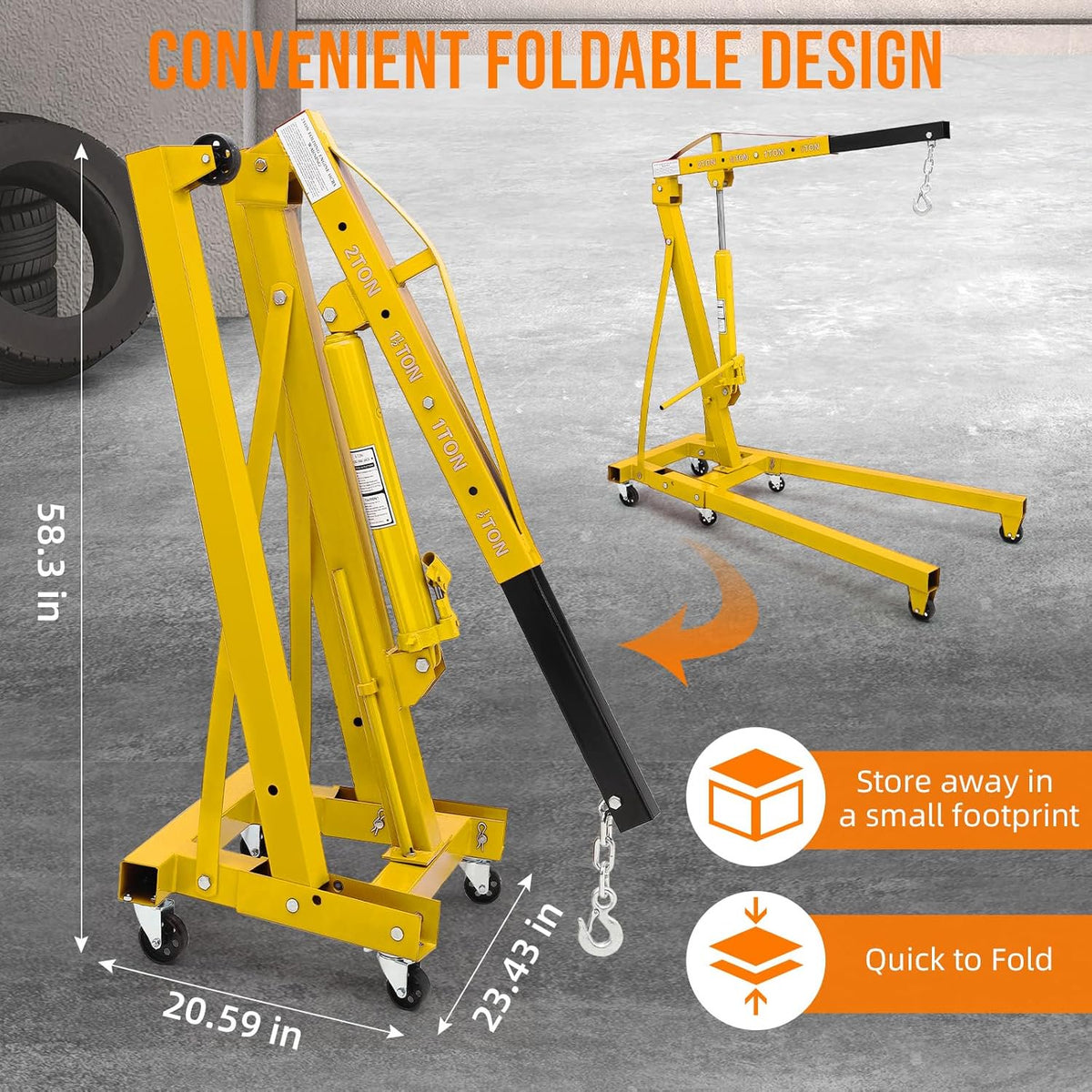 Riedhoff Steel Hydraulic Engine Hoist, 2 Ton Max, Cherry Picker, 4400 lbs, No Lever, Yellow