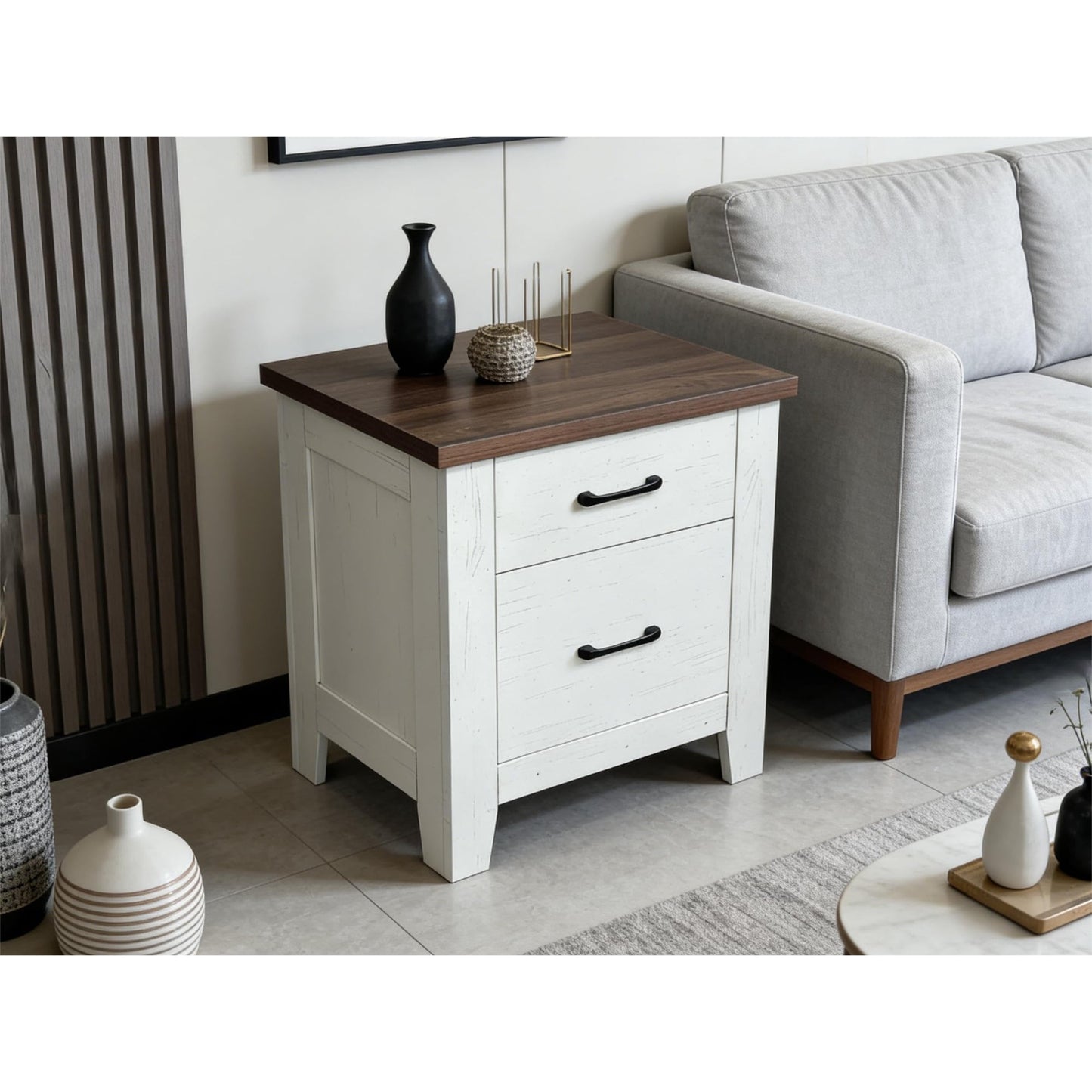 Garvee Nightstand with 2 Drawers, Farmhouse Night Stand with Brown Tabletop, 23" x 15.6"x 23", White