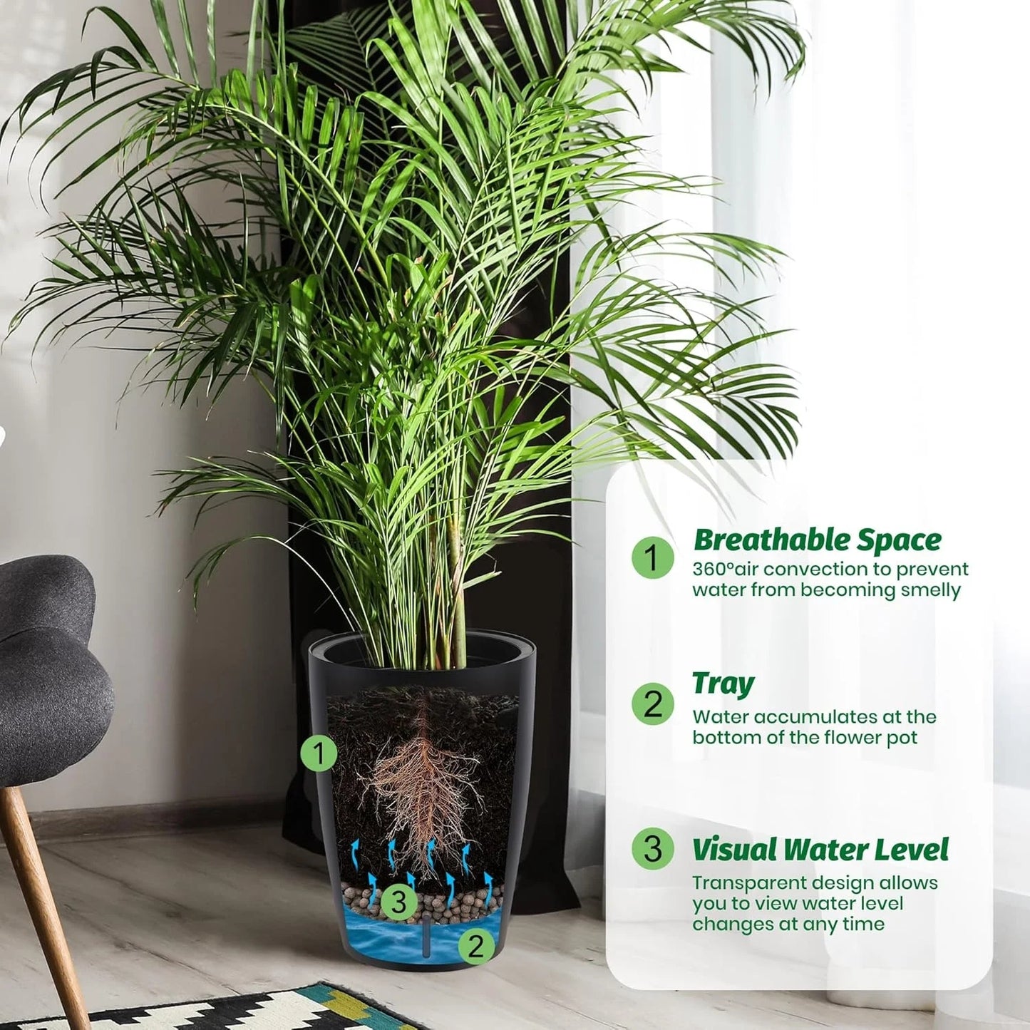 Riedhoff 15.7" Tall Round Planter Pots, Built-In Drainage, Self-Watering, 2 Count