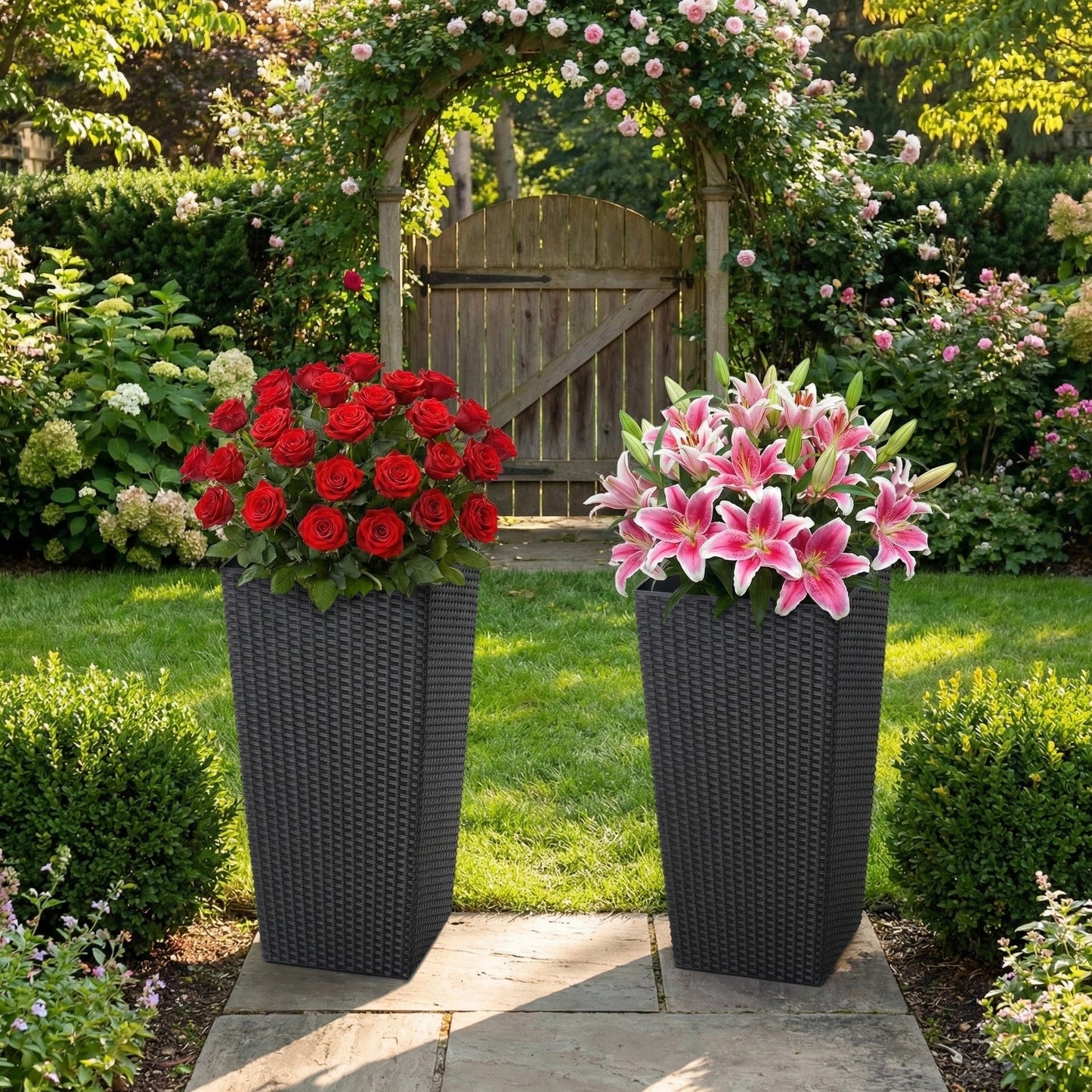 Garvee 22.5" Tall Planter Pots Set of 2, Rattan style, 2 Trays, Water Level Monitor, Wheels, Black