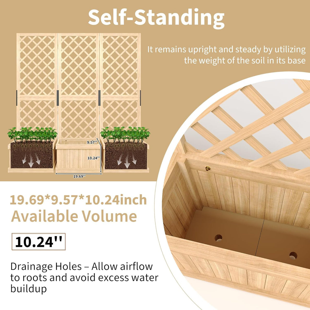 Riedhoff Outdoor Planter Boxes with 3 Privacy Screen, 62 x 10.39 x 65", Drain Holes, Oak