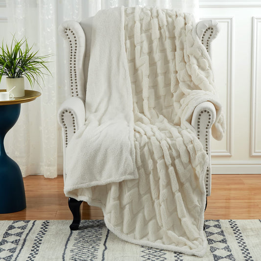 CAROMIO Sherpa Fleece Soft Plush Jacquard Fluffy Throw Blanket Creamy White 60 inch  x 80 inch