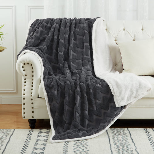 CAROMIO Sherpa Fleece Soft Plush Jacquard Fluffy Throw Blanket Grey 60 inch  x 80 inch
