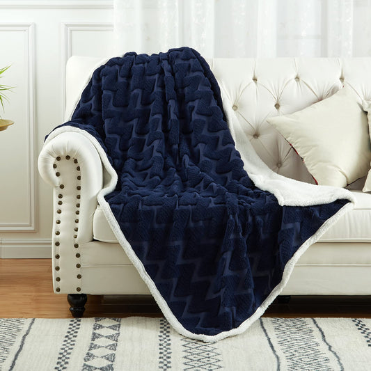 CAROMIO Sherpa Fleece Soft Plush Jacquard Fluffy Throw Blanket Navy Blue 60 inch  x 80 inch