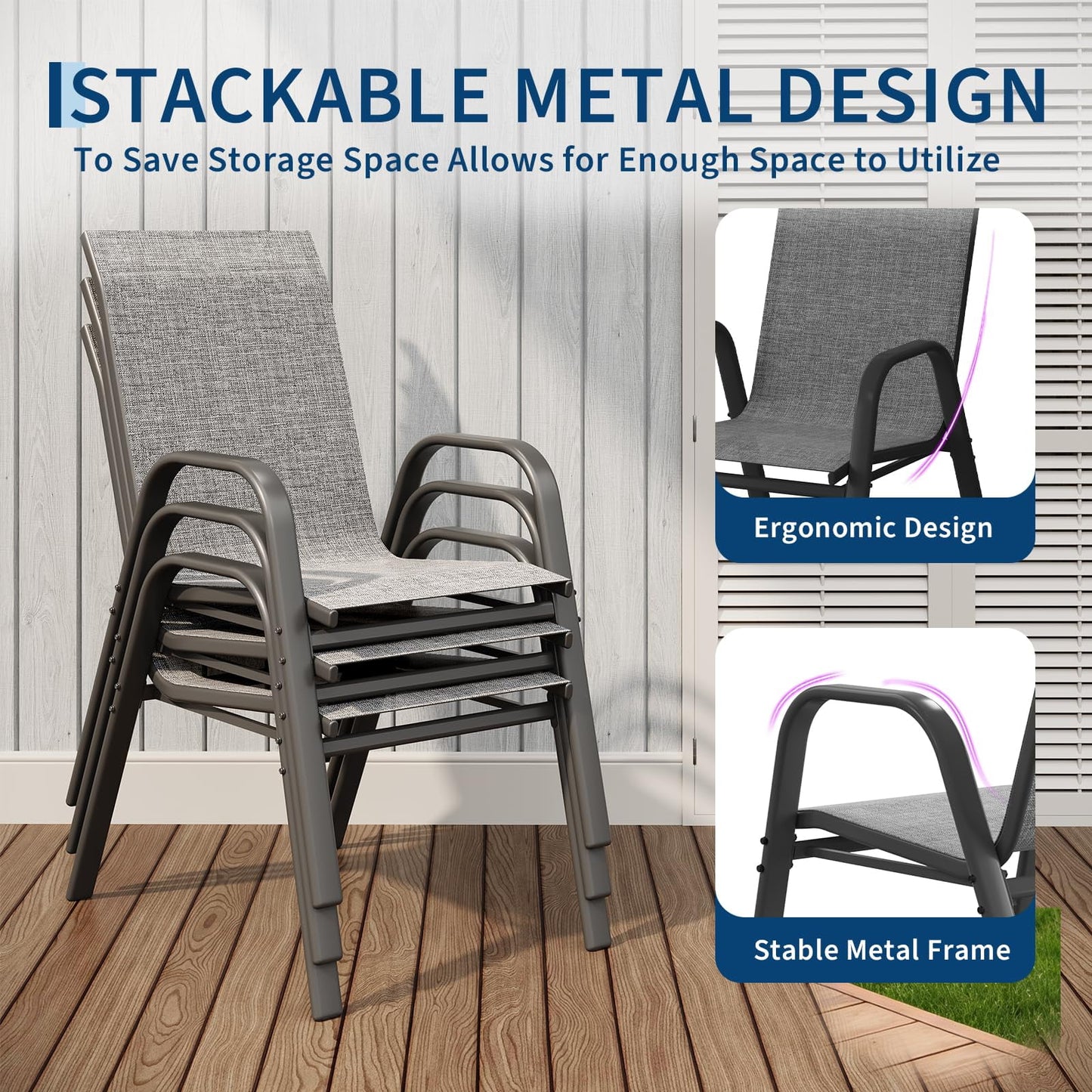 Garvee Stackable Patio Dining Chairs Set of 4, Metal and Textilene for Lawn Poolside