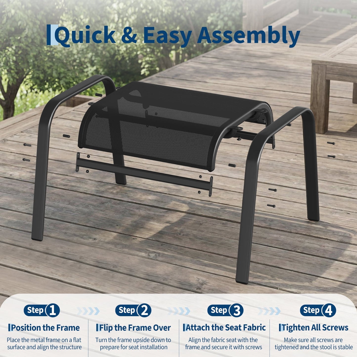 Garvee Stackable Outdoor Ottomans Set of 2,All-Weather Textilene Foot Stool with Metal Frame