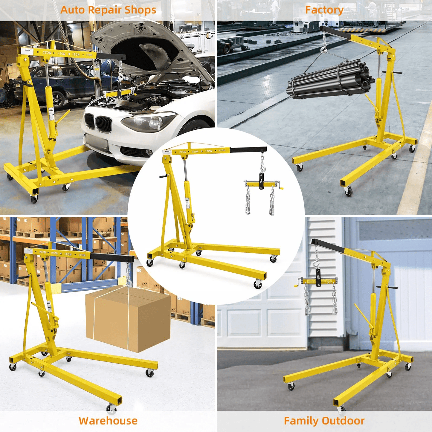 Garvee 2 Ton Folding Engine Hoist with Lever and 6 Casters, Heavy Duty, Yellow