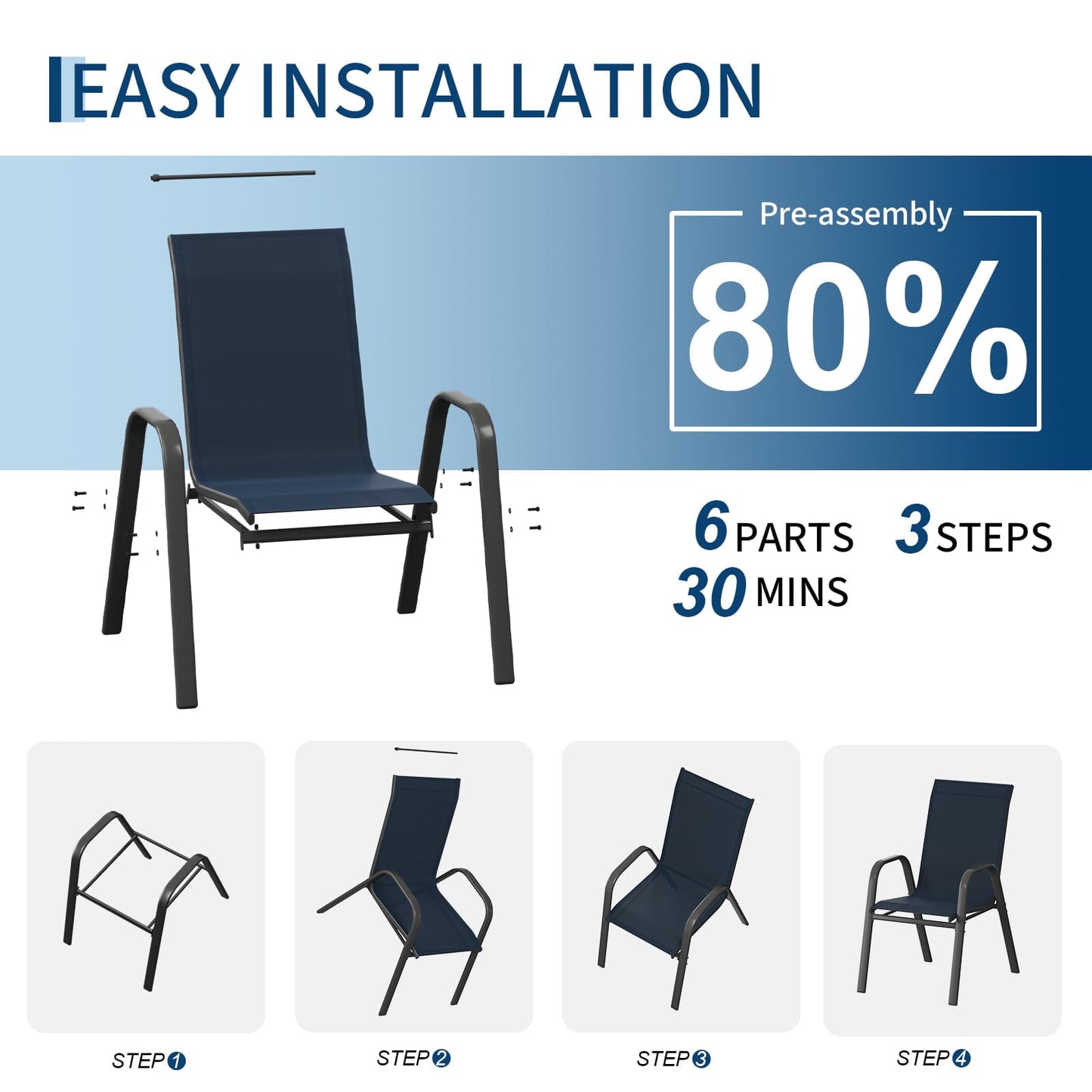 Garvee Stackable Patio Dining Chairs Set of 4, Metal and Textilene for Lawn Poolside
