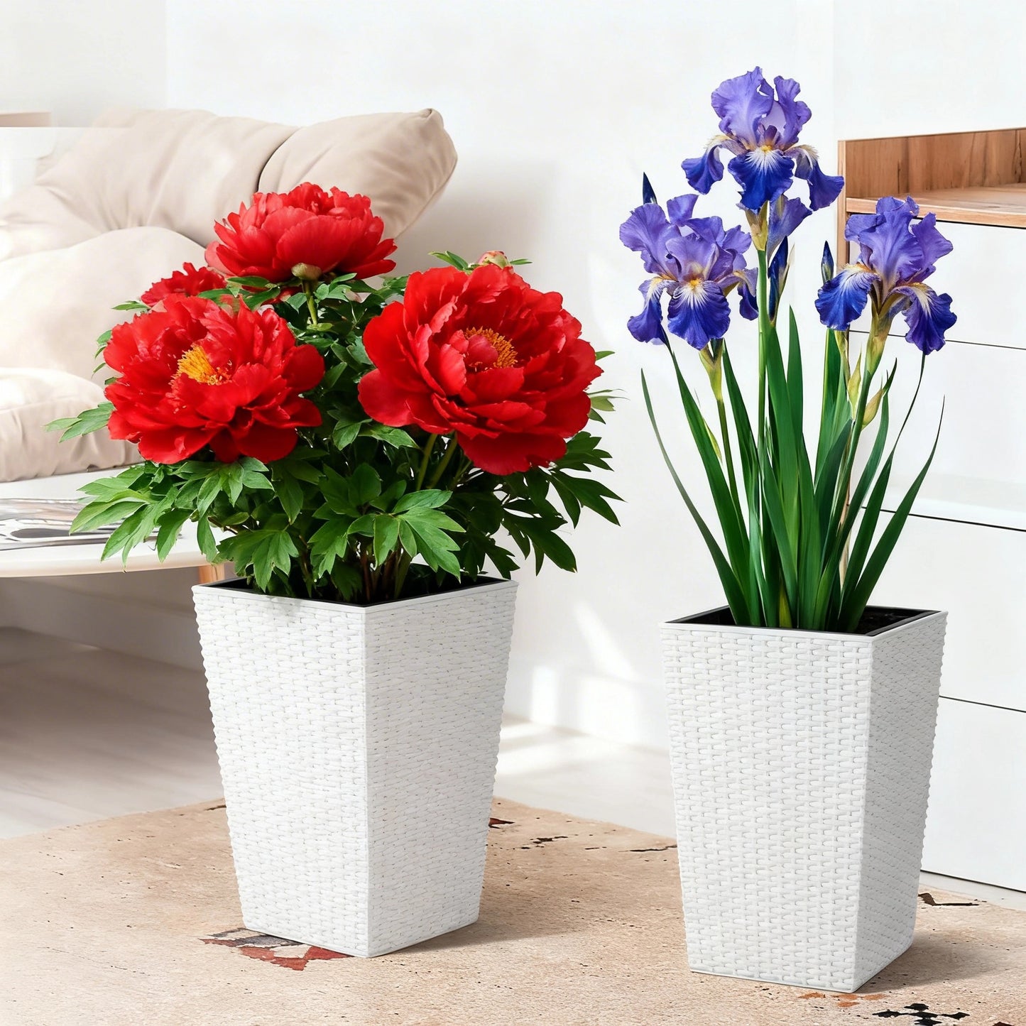 Garvee 15.6" Tall Planter Pots Set of 2, Rattan style, Tray & Water Level Monitor