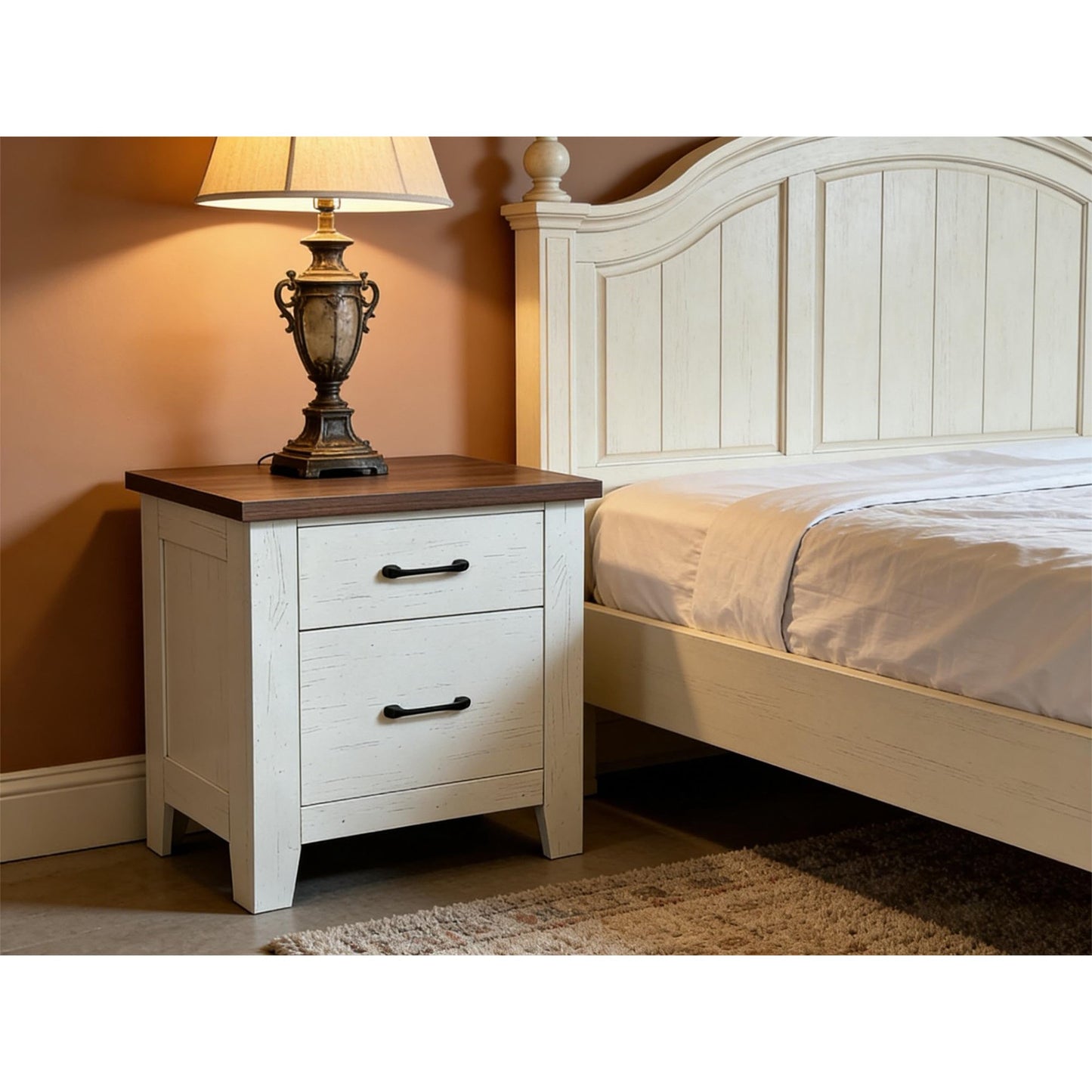 Garvee Nightstand with 2 Drawers, Farmhouse Night Stand with Brown Tabletop, 23" x 15.6"x 23", White