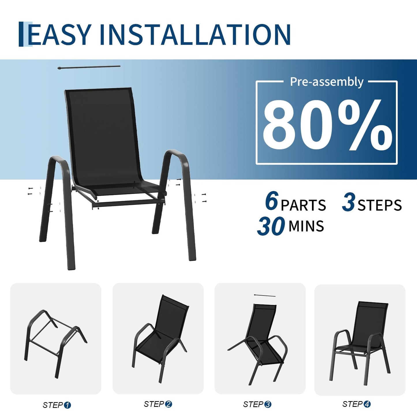 Garvee Stackable Patio Dining Chairs Set of 4, Metal and Textilene for Lawn Poolside