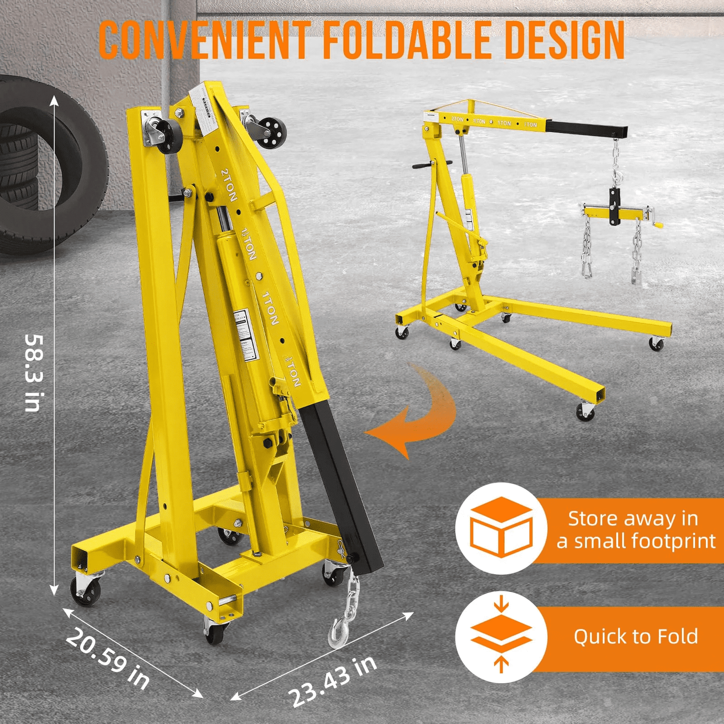 Garvee 2 Ton Folding Engine Hoist with Lever and 6 Casters, Heavy Duty, Yellow