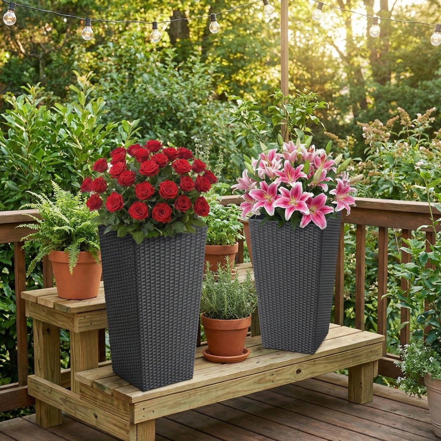 Garvee 22.5" Tall Planter Pots Set of 2, Rattan style, 2 Trays, Water Level Monitor, Wheels, Black