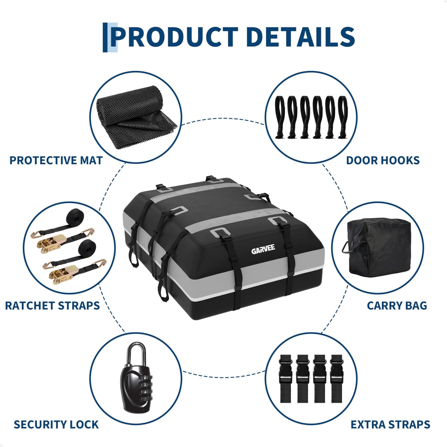 Garvee Car Rooftop Cargo Carrier Bag with Safety Hooks, Anti-Slip Mat, Lock for Cars & SUVs