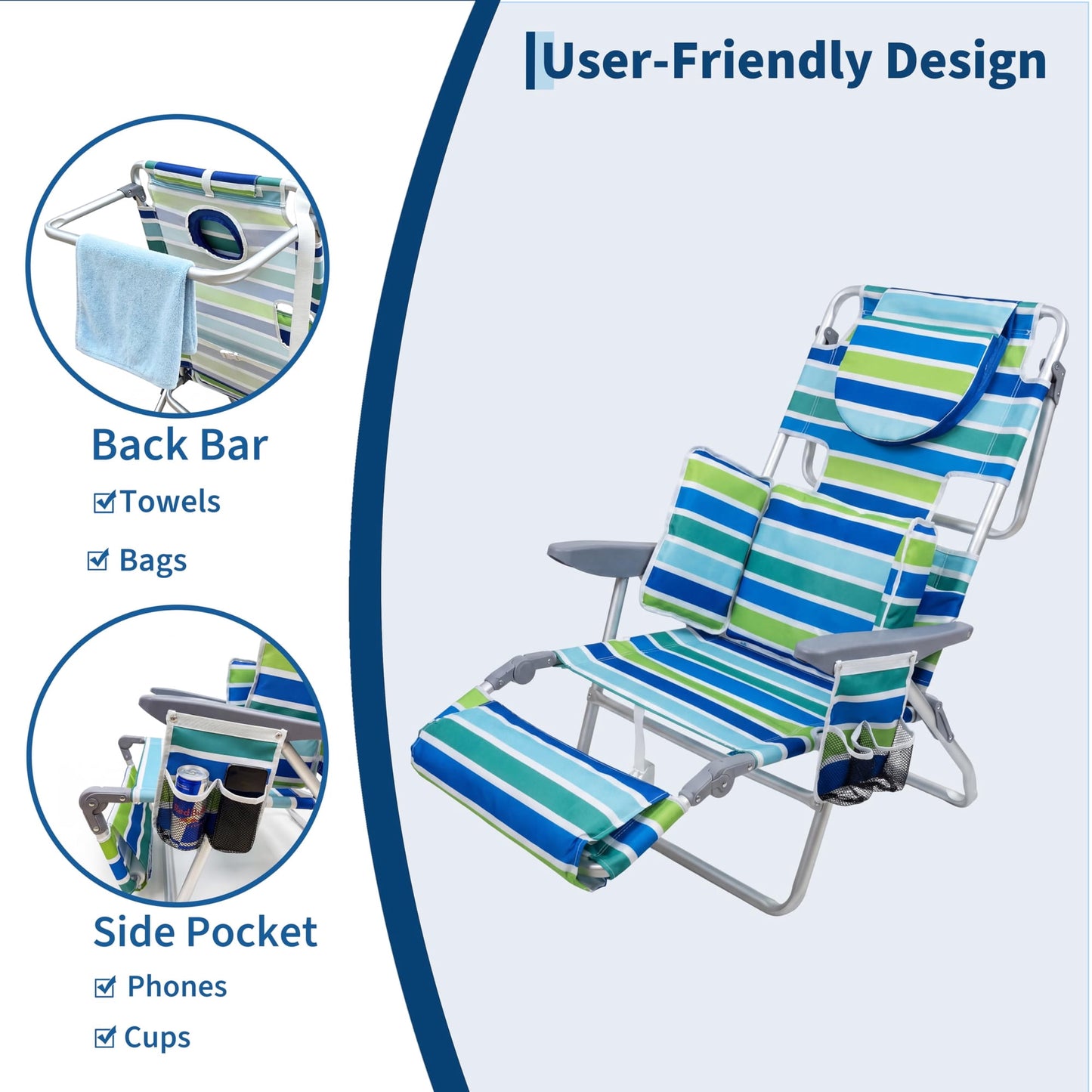 Garvee Folding Beach Reclining Lounge Chair with Footrest, Face Hole,Storage Pocket,Headrest