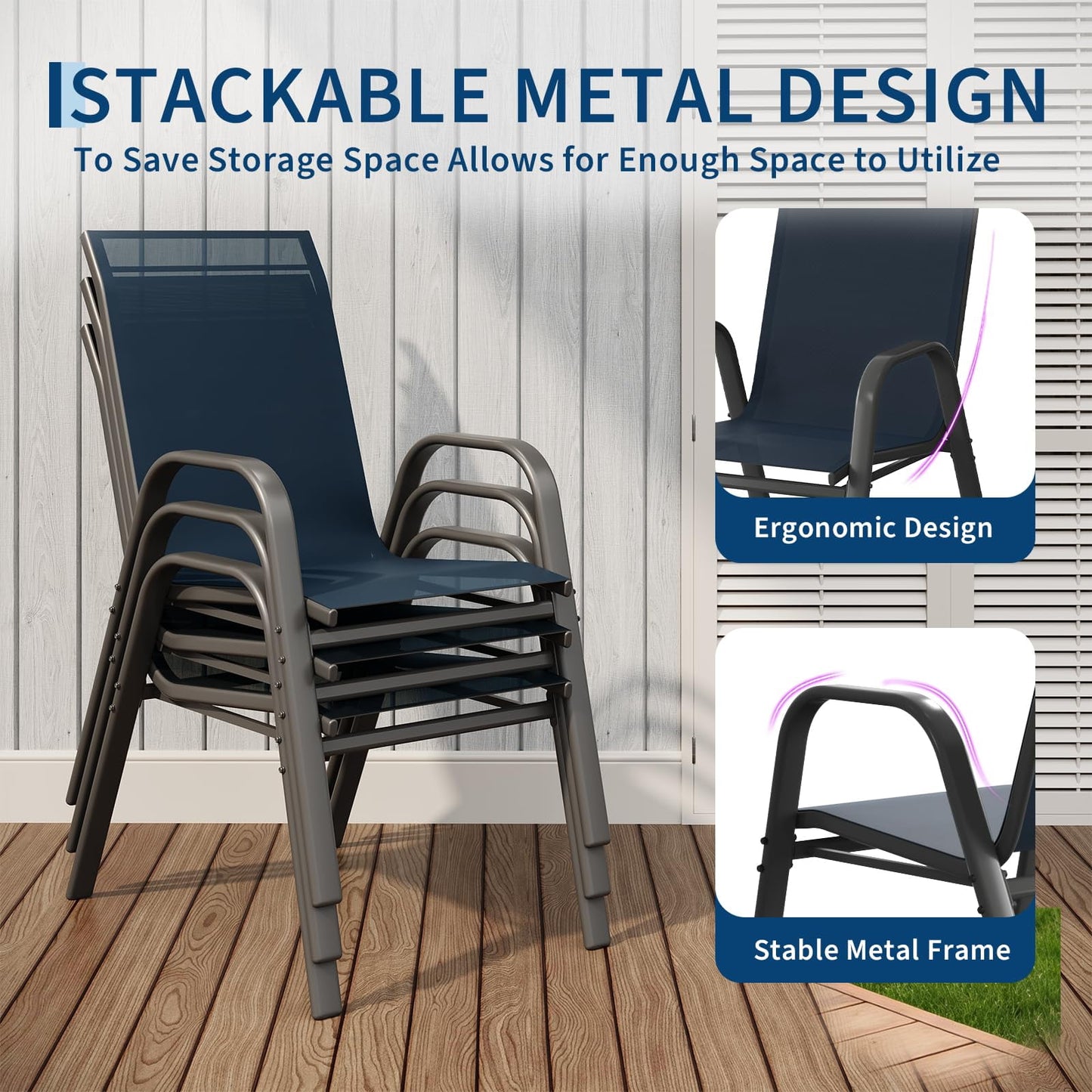 Garvee Stackable Patio Dining Chairs Set of 4, Metal and Textilene for Lawn Poolside
