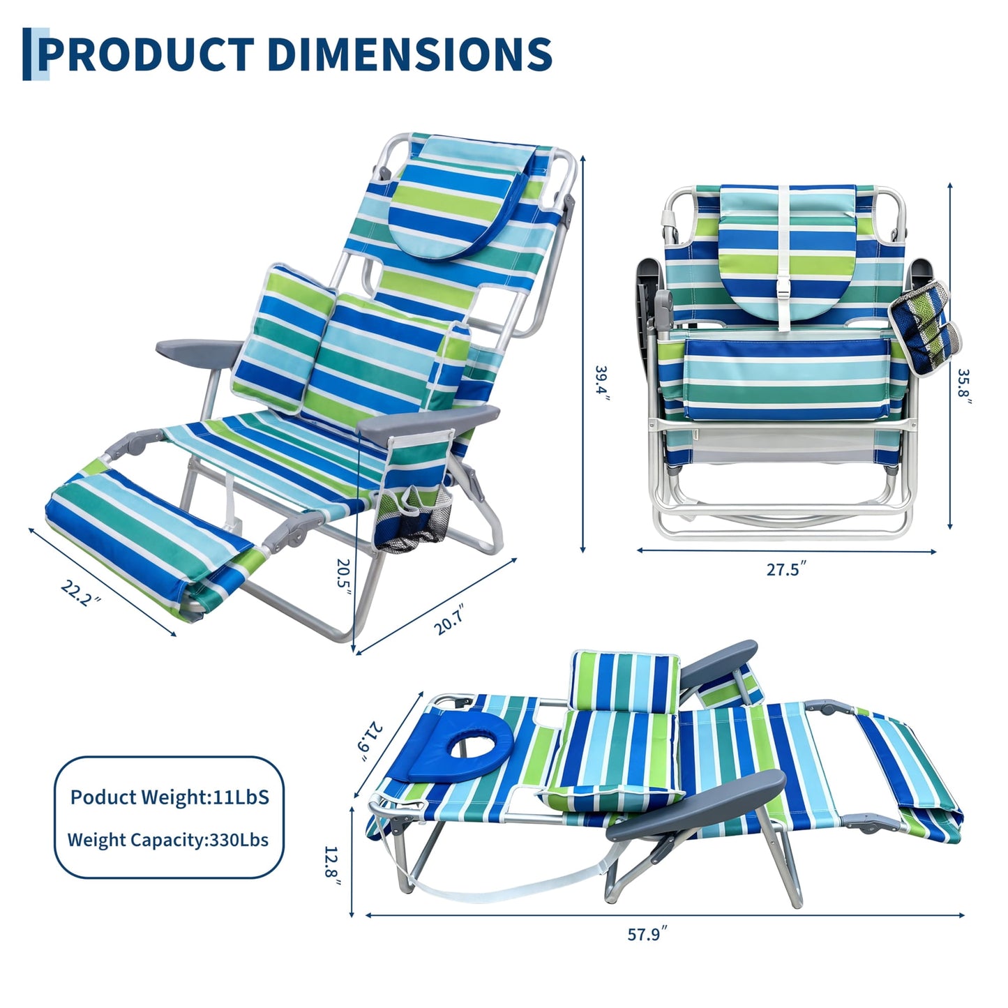 Garvee Folding Beach Reclining Lounge Chair with Footrest, Face Hole,Storage Pocket,Headrest