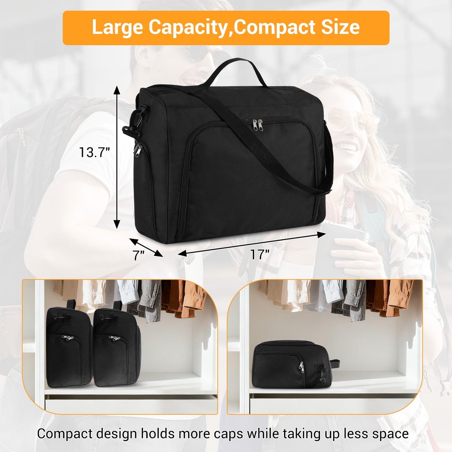 Garvee Baseball Caps Organizer Bag, 17 x 7 x 13.7", 2 Pack, Oxford Fabric Cap Organizer, Black