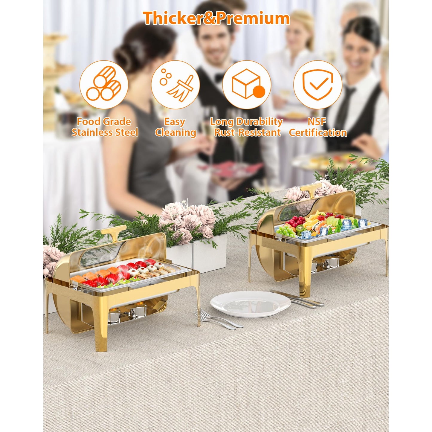 GARVEE Roll Top Chafing Dish Buffet Set, 9 QT Rectangular Catering Food Warmer, Golden