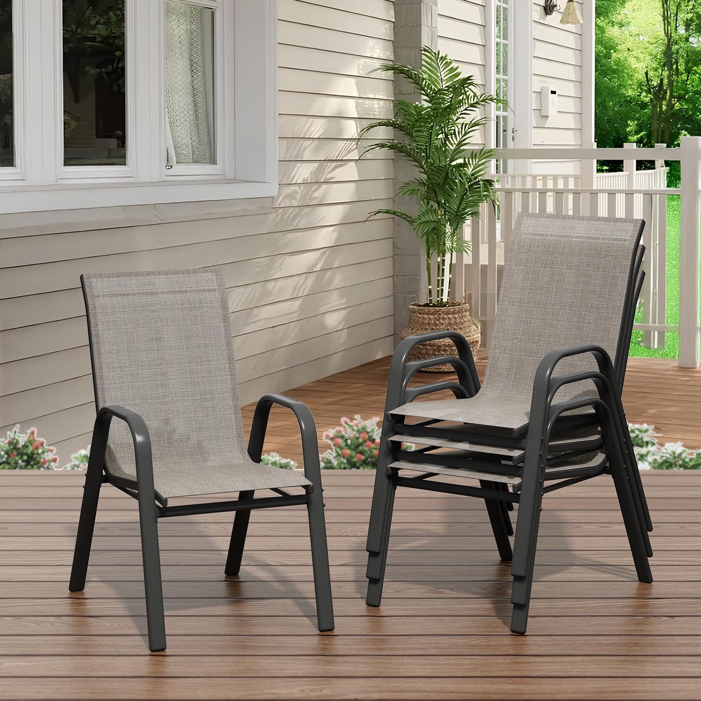 Garvee Stackable Patio Dining Chairs Set of 4, Metal and Textilene for Lawn Poolside
